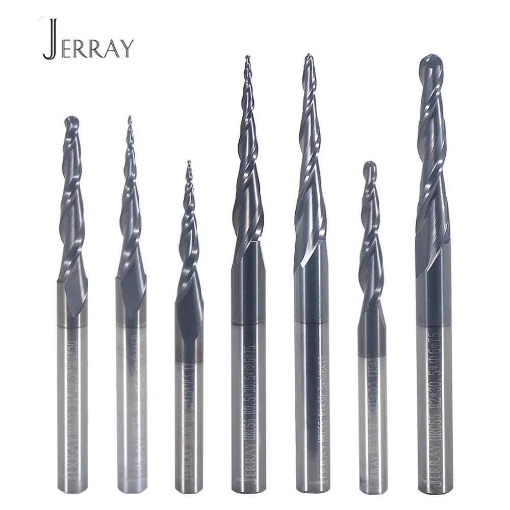 Jerray 1Pcs HRC55  D3.175-D6mm Tapered Ball Nose End Mill Tungsten solid carbide Coated Tapered cone cnc milling cutter