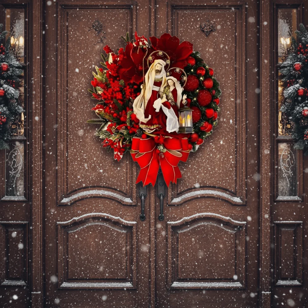 

Red Christmas Wreath 2D Oil Lamp Door Hanging Artificial Garland Reusable Wooden Christmas Ornaments Merry Christmas