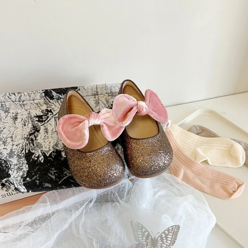 Girls Princess Shoes Autumn Toddler Kids Fashion Brand Mary Jane Dress Party Flats Childre Bowtie Glitter Bling Sandal Soft Sole