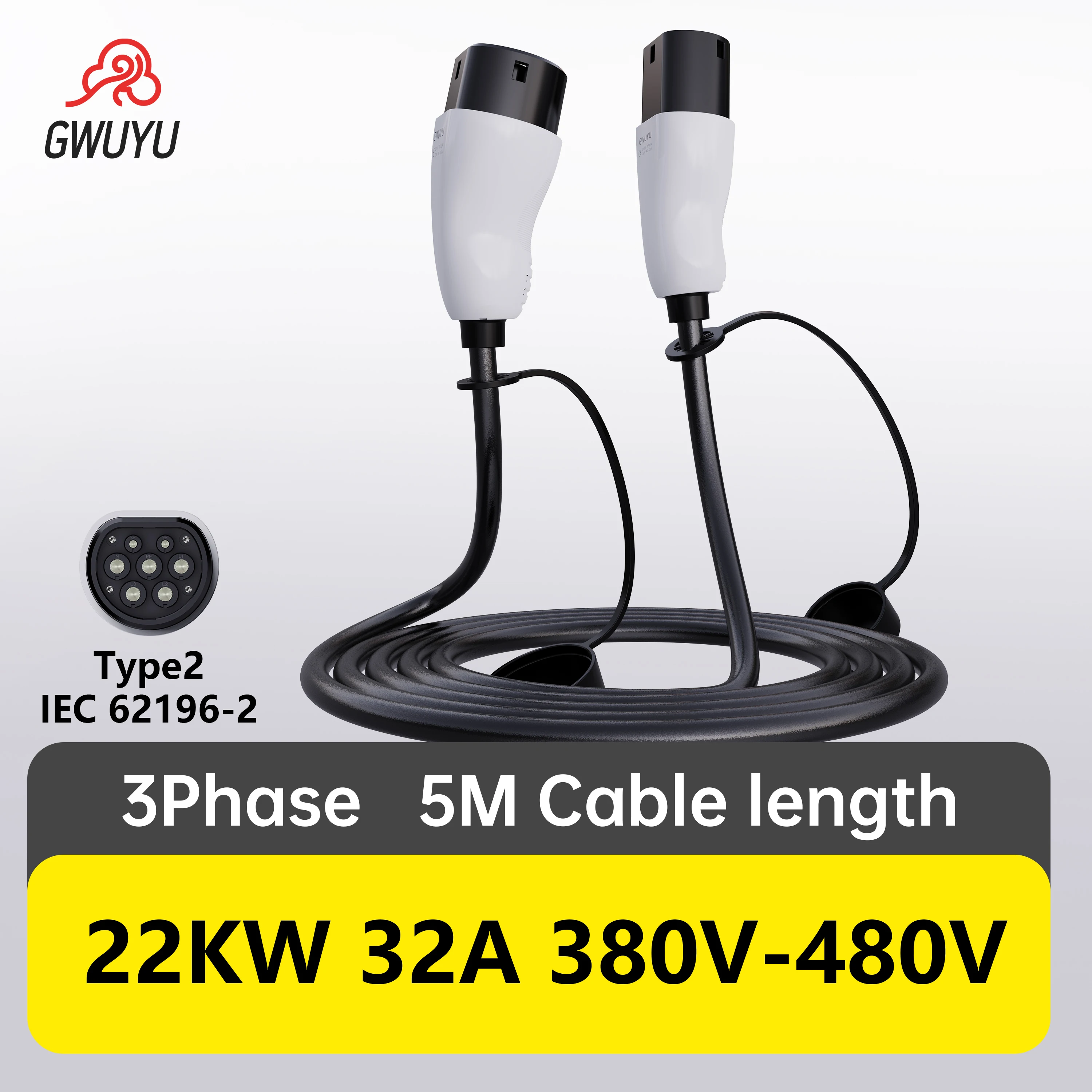 GWUYU Type2 Plug EV Charging Gun Cable Double Head 5M Female to Male AC 32A 22kw Compatible with Any Electric Car