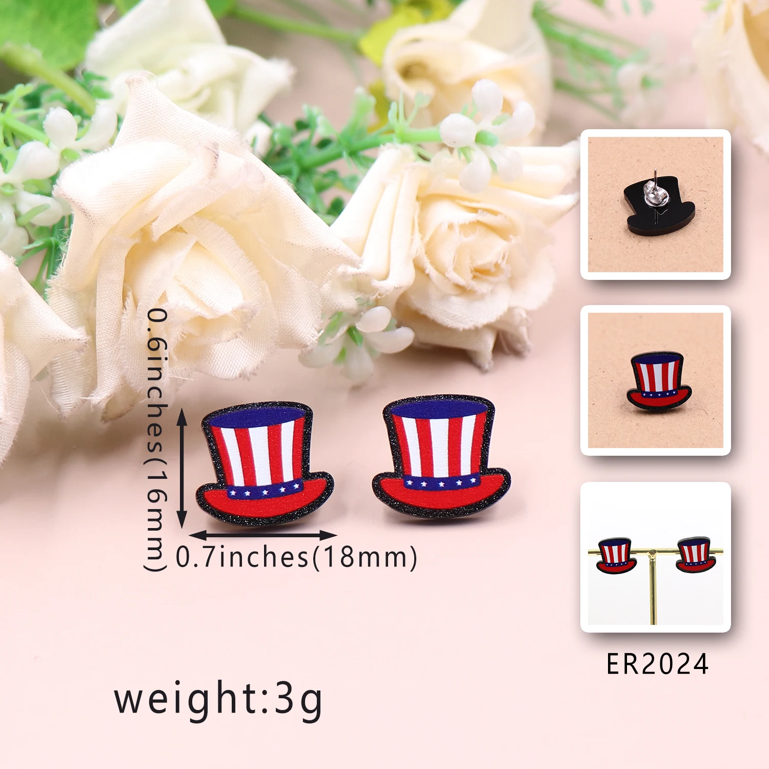 1Pair New product CN Stud earring hat 4th of July Independence Day TRENDY Acrylic stainless steel Jewelry For women