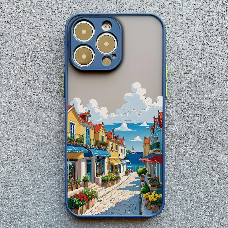 Strandlandschaft Küstenstadt Handyhülle für iPhone 17 15 16 14 Pro Max Plus 13 12 Mini 11 Pro Max XS XR X Blaue Hüllen – Detail 8