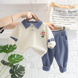 Spring Autumn Baby Boy Boutique Infant Clothes 2023 Korean Childrens Cartoon Turn-won Collar T-shirts Pants Sports Two Piece Set