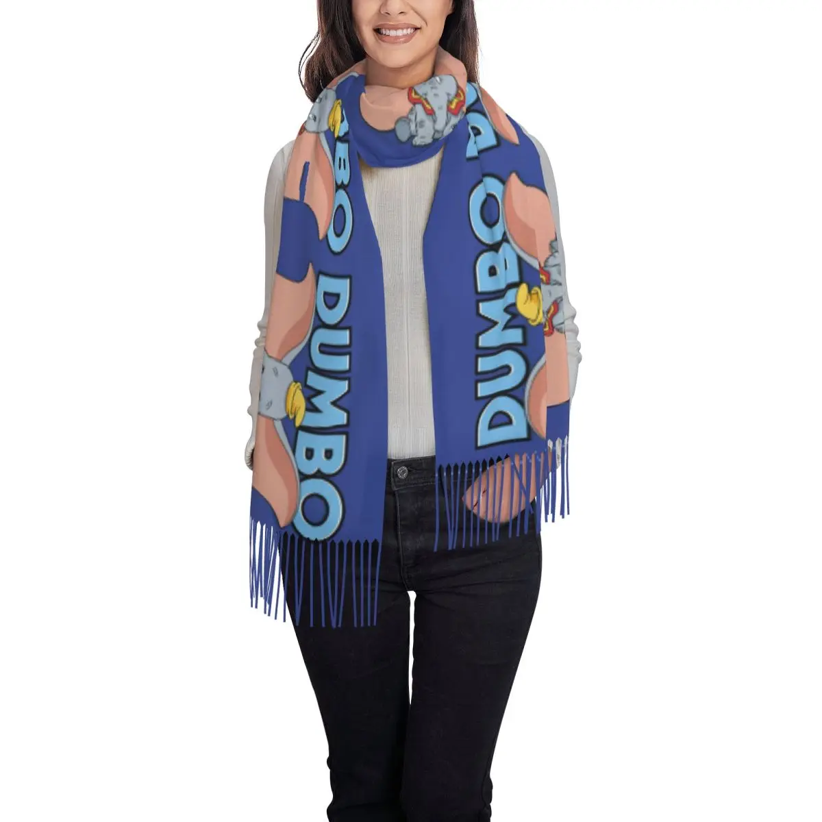 Custom Dumbo Wide Open Scarf Wrap Women Long Winter Fall Warm Tassel Shawl Unisex Cartoon Scarves