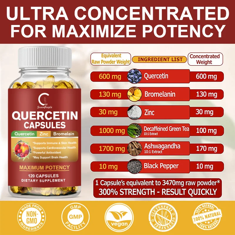 Natural Quercetin with Zinc and Bromelain Supplement Capsules - Supports Immune Health and Energy Levels Antioxidant