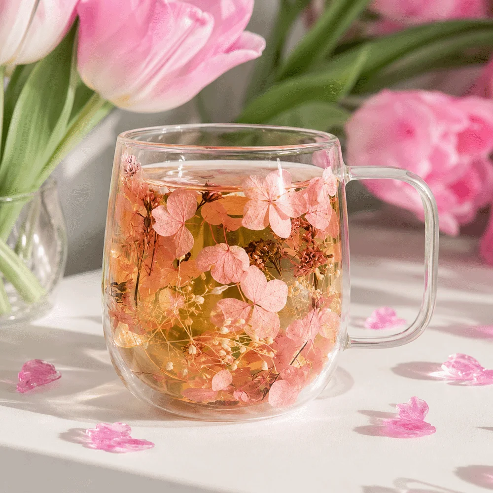 Creative Dried Flower Glass Cup Flower Pattern Double Wall Dried Flower Cup Insulated Heat Resistant Clear Glass Cup Home Use