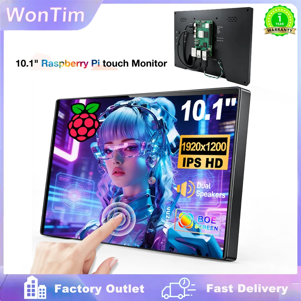 10.1 Inch Raspberry Pi 5/4/3/2/B/B+/A+ Monitor 1920x1200 IPS 5-Points Capacitive Touchscreen Drive Free HDMI Display Industrial