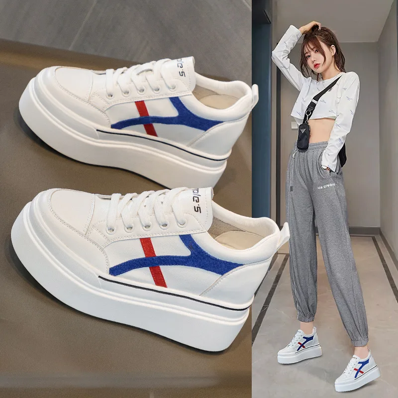 

Women's Low-top White Sneakers Casual Fashion Hidden Wedge Thick Sole Lace-up Flat Shoes New Arrival Trendy Comfortable