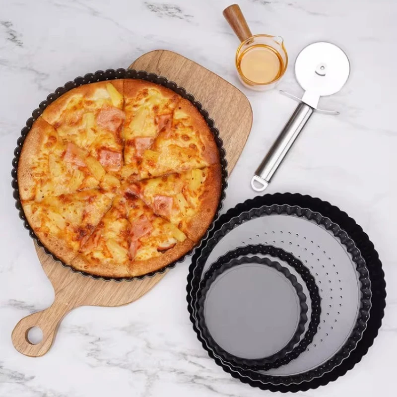 Molde para pizza antiadherente de 5/8/9 pulgadas, molde perforado de acero al carbono para pasteles, bandeja para hornear, molde para flan, tarta, pastel, molde acanalado para pasteles