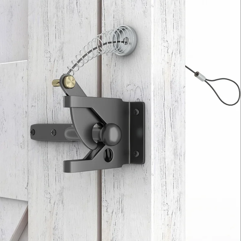 Self-Locking Fence Carbon Steel Latch w/ Spring Rope Puller, for Outdoor Fences/Safety Pools/Gardens/Sheds/Cages/Wooden Windows