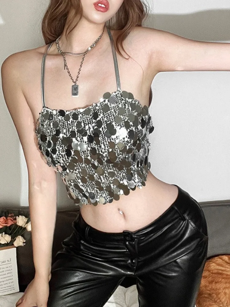 

Silver Sequined Halter Tops Women Edgy Clothes Y2k Accessories Super Short Hot Club Outfits Slim Ropa De Mujer Corset Sleeveless