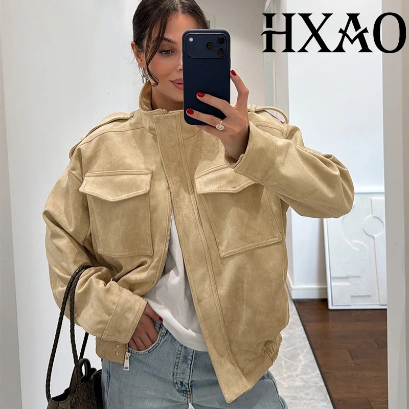 HXAO المرأة سترة من جلد الغزال ديمي الموسم فو الجلود Bomber جاكيتات للمرأة معاطف طويلة الأكمام اقتصاص دراجة نارية سترة اسكواش