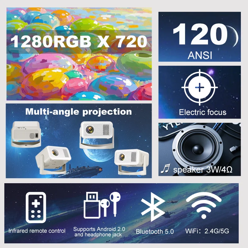 Projector Android 11 5GWiFi Bluetooth 5.0, 720PHD Supported1080P Portable Movie Projector, Compatible with Smartphone/USB, Home