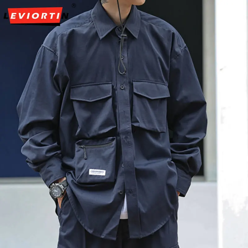 Men's Japanese loose workwear shirt cityboy functional multi pocket shirt trendy brand fashionable casual long sleeved shirt