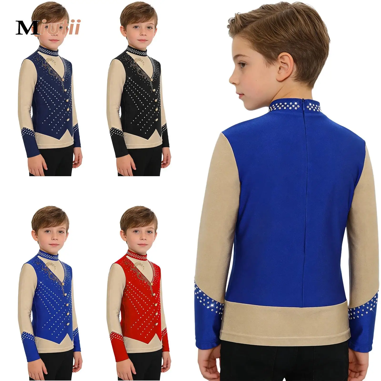 

Kids Figure Skating Dance Leotard for Boys Long Sleeve Glittery Rhinestones Rhythmic Gymnastics Tops Children Figure Skating Tee