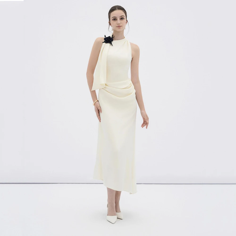 

Customized O-neck Simple Sleeveles Jersey Women's Evening Dress With Zipper Flower Party Dress A-line Tea-Length Prom Gown