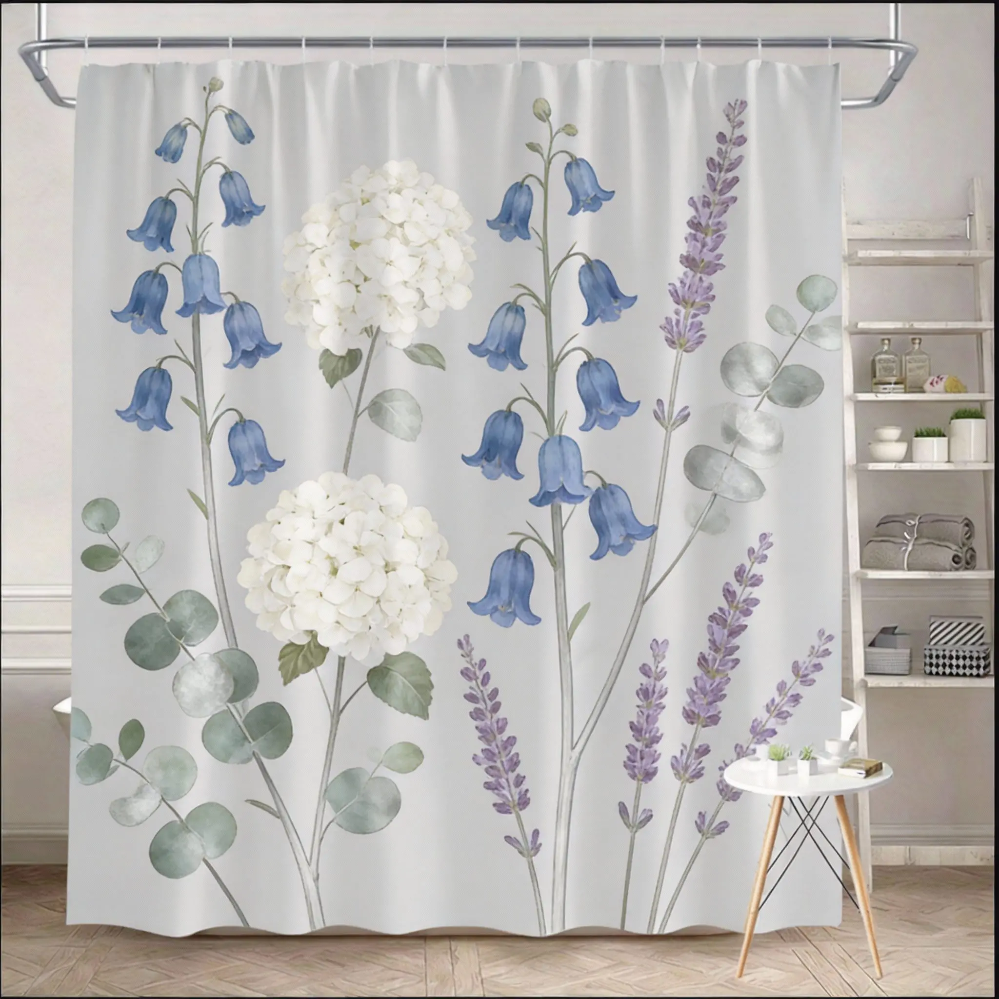 

Vintage Floral Shower Curtain 180x180cm – Daisies Cosmos Lavender in Blue Purple Pink, Beige Botanical Bathroom Decor, 12 Hooks