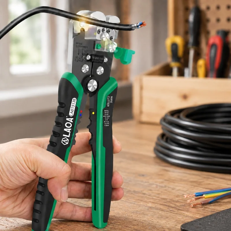 Automatic Cable Cutter and Stripper for Electricians Featuring Built-in Spring Action