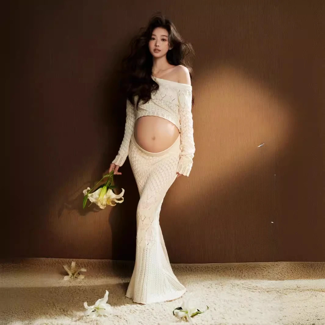 Maternity Photography Props Dress Sexy Hollow Lace Two Piece Set Split Dress Boho Pregnant Dress