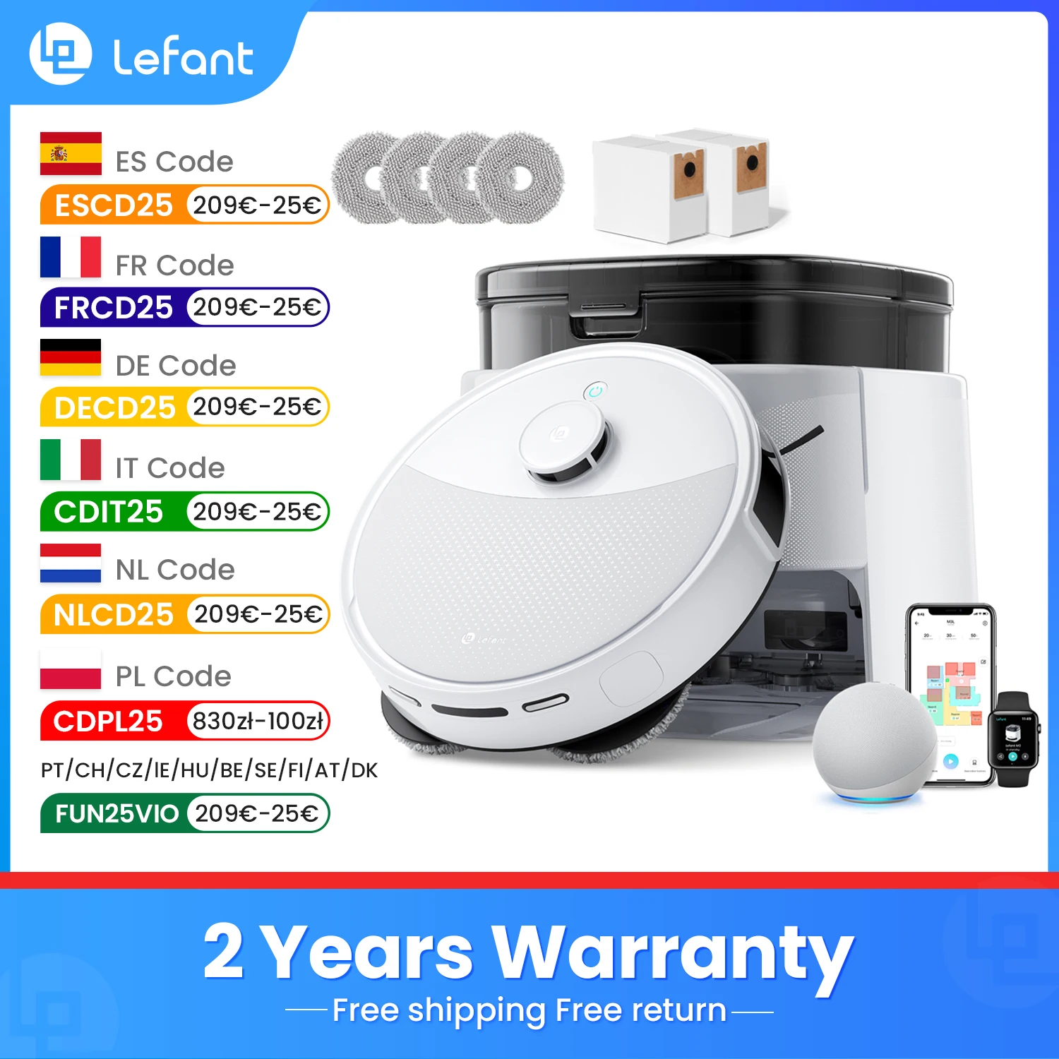 Aspirateur robot LEFANT M3L, station de base tout-en-un, puissance d'aspiration de 12 000 Pa, batterie d'une autonomie de 220 minutes, navigation DToF, double chiffon rotatif