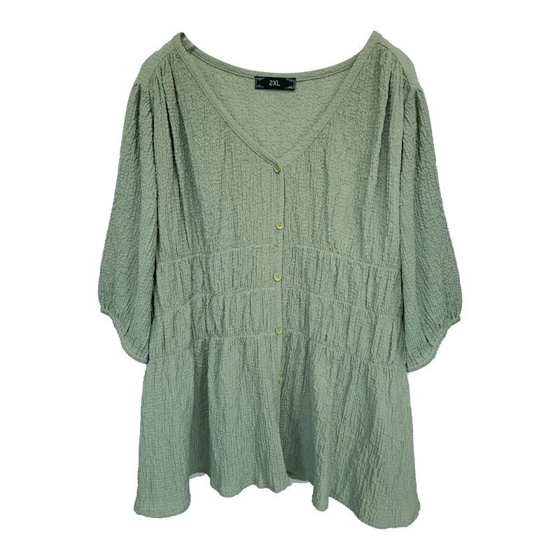 Top con cuello en V para mujer, camisa holgada y adelgazante con burbujas arrugadas, talla grande, chubby mm, novedad de verano 3226