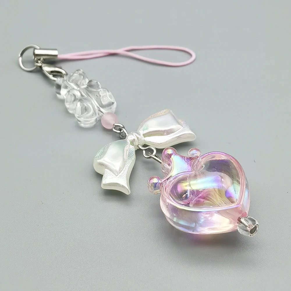 Original Y2K Phone Lanyard Charm Strap Clear Bear White Bowtie Colorful Crown Heart Bag Pendant Keychain Hanging Rope Keycord