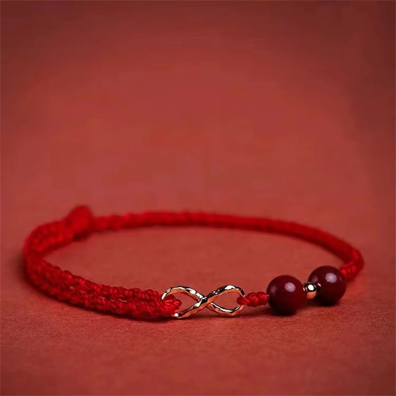 Handgefertigte geflochtene Imitation Zinnober Unendlichkeitssymbol-Armbänder für Damen und Herren, schlichtes rotes Seil, Pfirsichblüten-Transfer-Perlenarmband – Detail 6