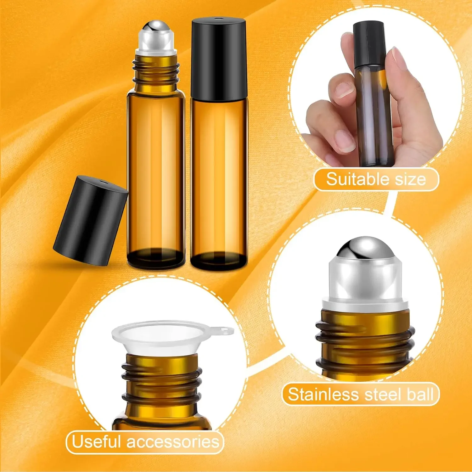 5PC Amber Roller Ball Essential Glass Oil Bottle Empty Perfume Roller Ball Refillable Liquid Container 1/2/3/5/10ML Makeup Tools