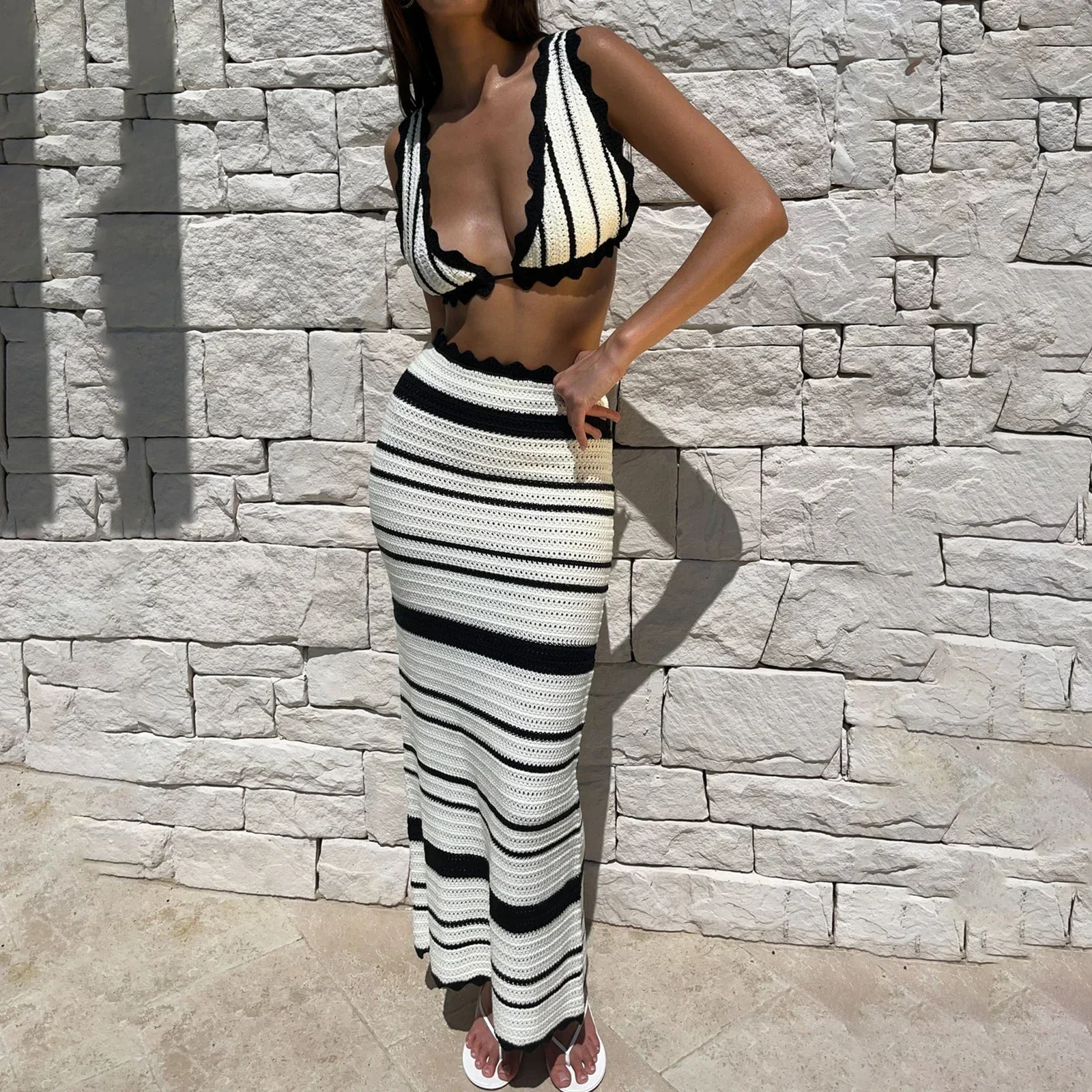 Summer Knitted Beach Skirt Sets Women Sexy Backless Slim Bohemian Outfits Fashion Striped Holiday Two Piece Set 2024 Beachwear