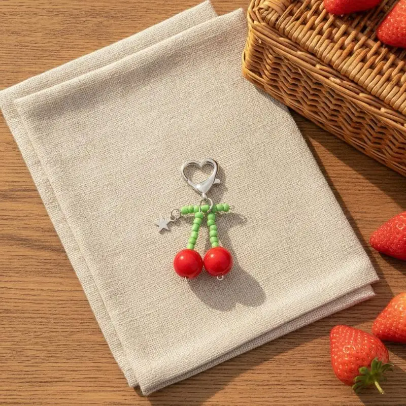 Niedlicher Roter Kirsch-Schlüsselanhänger, Herz-Schlüsselring, Süßer Frucht-Taschenanhänger für Mädchen, Coquette-Ästhetik Geschenke – Detail 7