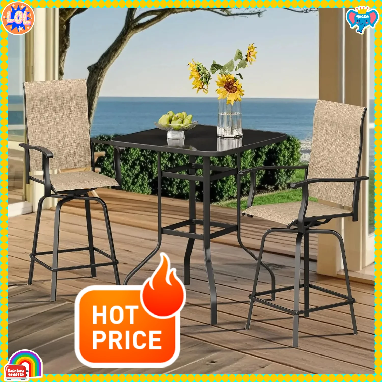 

Комплект для патио из 3 предметов: барные стулья из текстилена с поворотным механизмом, всепогодный стол из закаленного стекла и стулья для газона