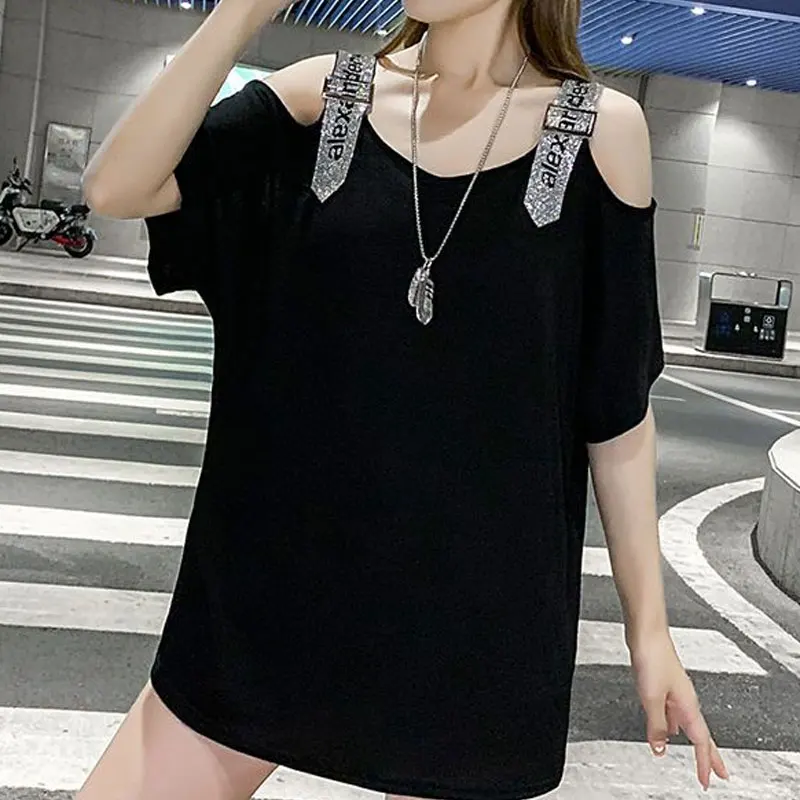 Streetwear Solid Color Fashion Slash Neck T-shirt Women\'s Clothing Sexy Off Shoulder Summer Casual Spliced Loose Midi Pullovers