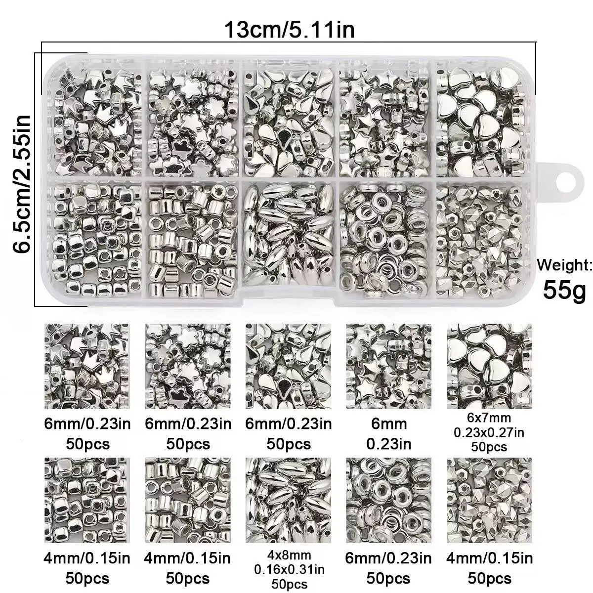 Kit de cuentas sueltas CCB para fabricación de joyas, Set de 10 estilos de corona, estrella, corazón, espaciador, chapado en oro y plata, 500, piezas