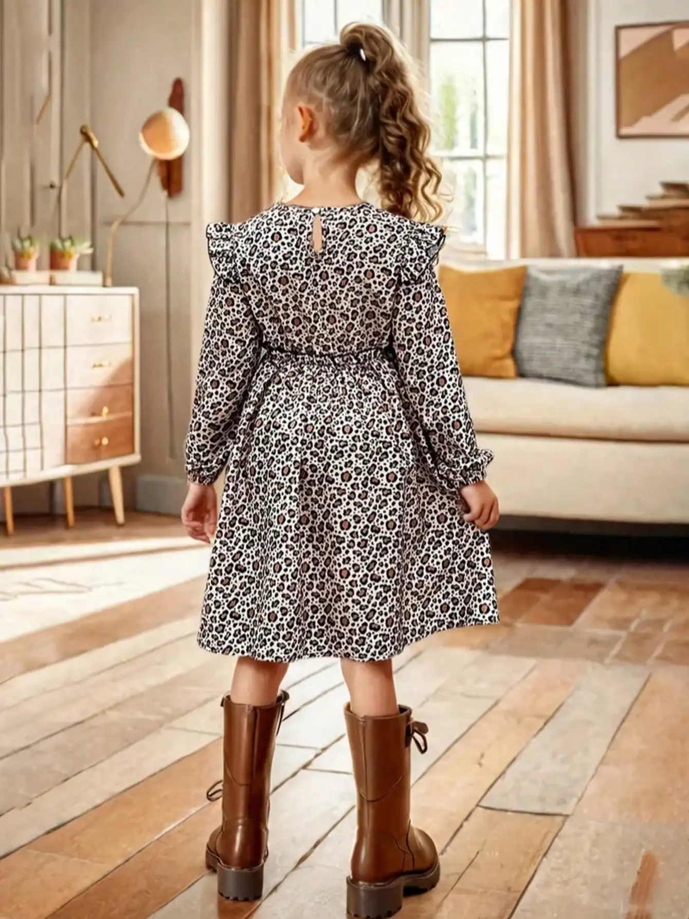Elegantes, vielseitiges Kleid mit Leopardenmuster und langen Ärmeln für Mädchen, aus schmalem Strickstoff mit ausgestellten Rüschenkanten-Details. – Detail 11