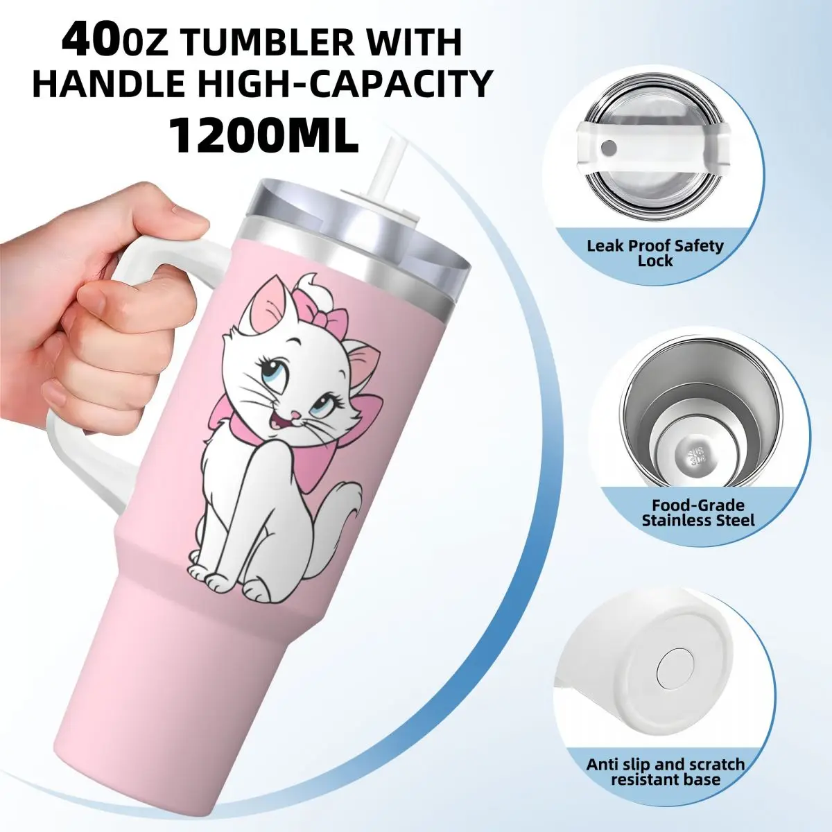 Cartoon Pink Marie Cat Tumbler Kawaii Hot Drinks Water Bottle Portable Stainless Steel Thermal Cups Custom DIY Beach Car Mugs