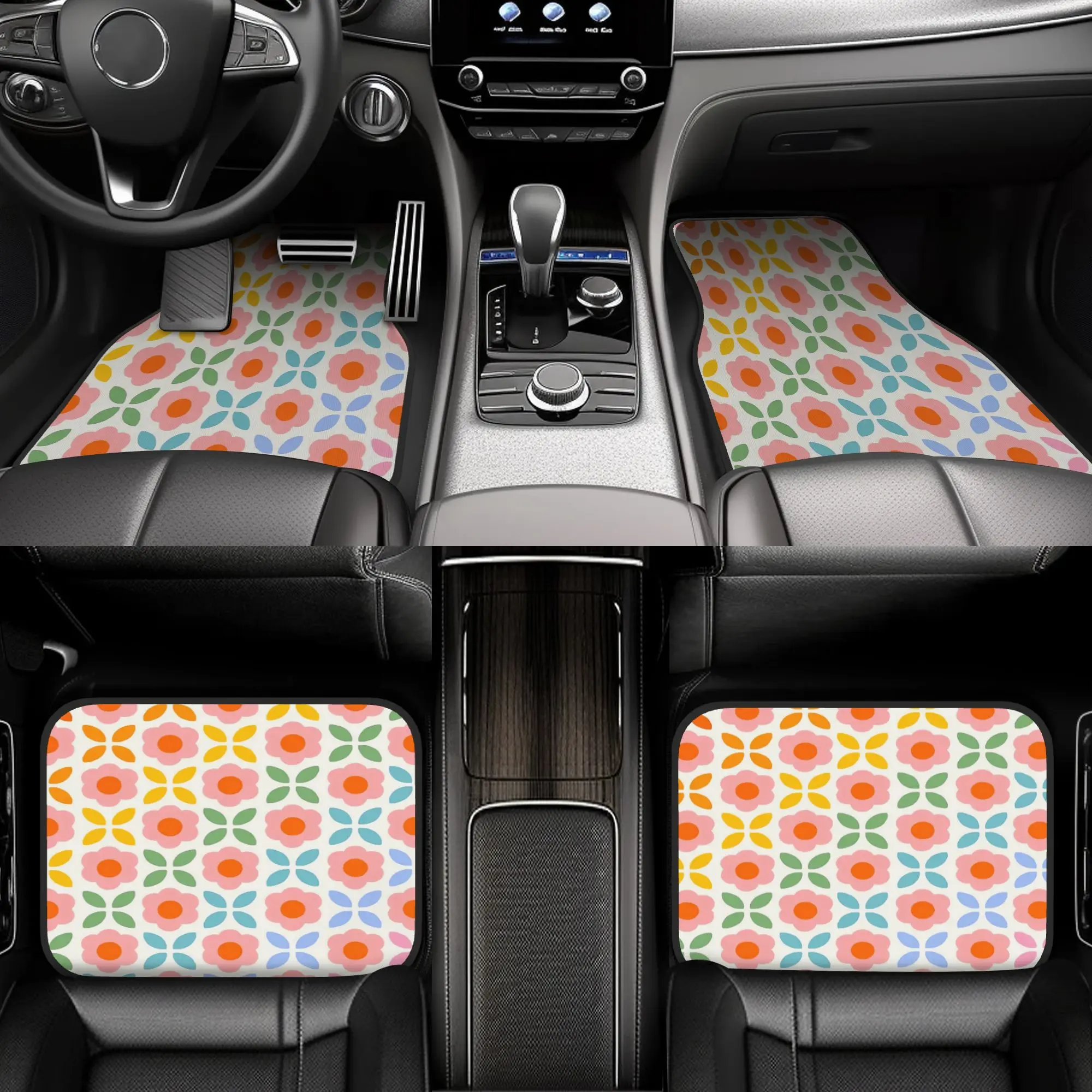 4pcs Retro Flower Pattern Rainbow Car Floor Mats, Durable, Fit For Cars, Ideal Gift, Vehicle Interior Mats, Playful Design, Dura