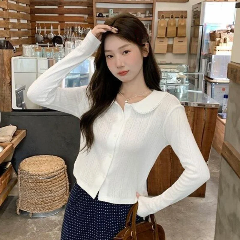

Блузка в корейском стиле с длинным рукавом из премиальной ткани, женская, весна-лето, новый фасон, с воротником-стойкой, кружевная, приталенная, нежная, повседневная