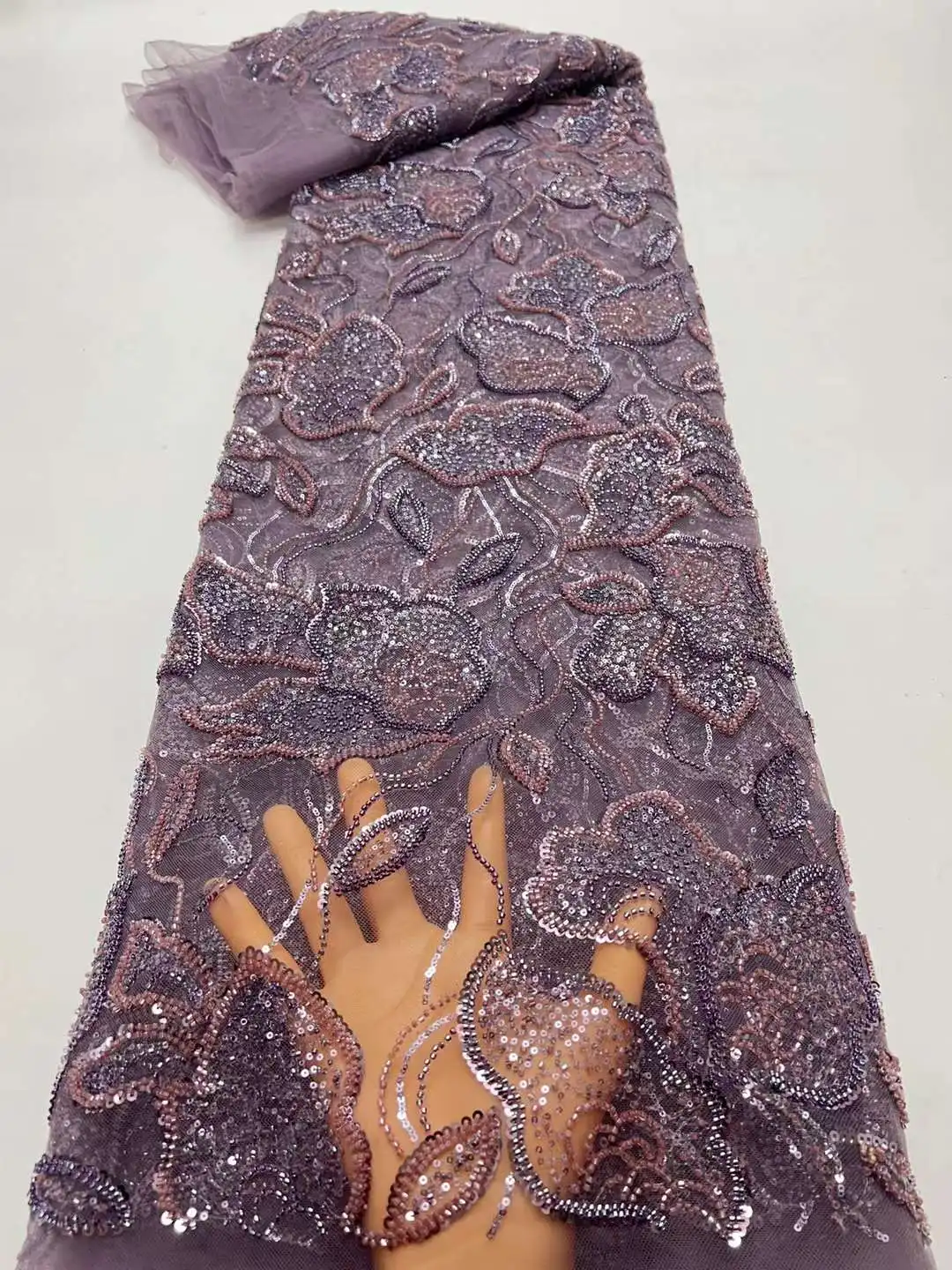 Tela de encaje de lentejuelas de tul pesado africano para mujer, hecho a mano, cuentas africanas, tela de lujo para vestidos de fiesta de boda, alta