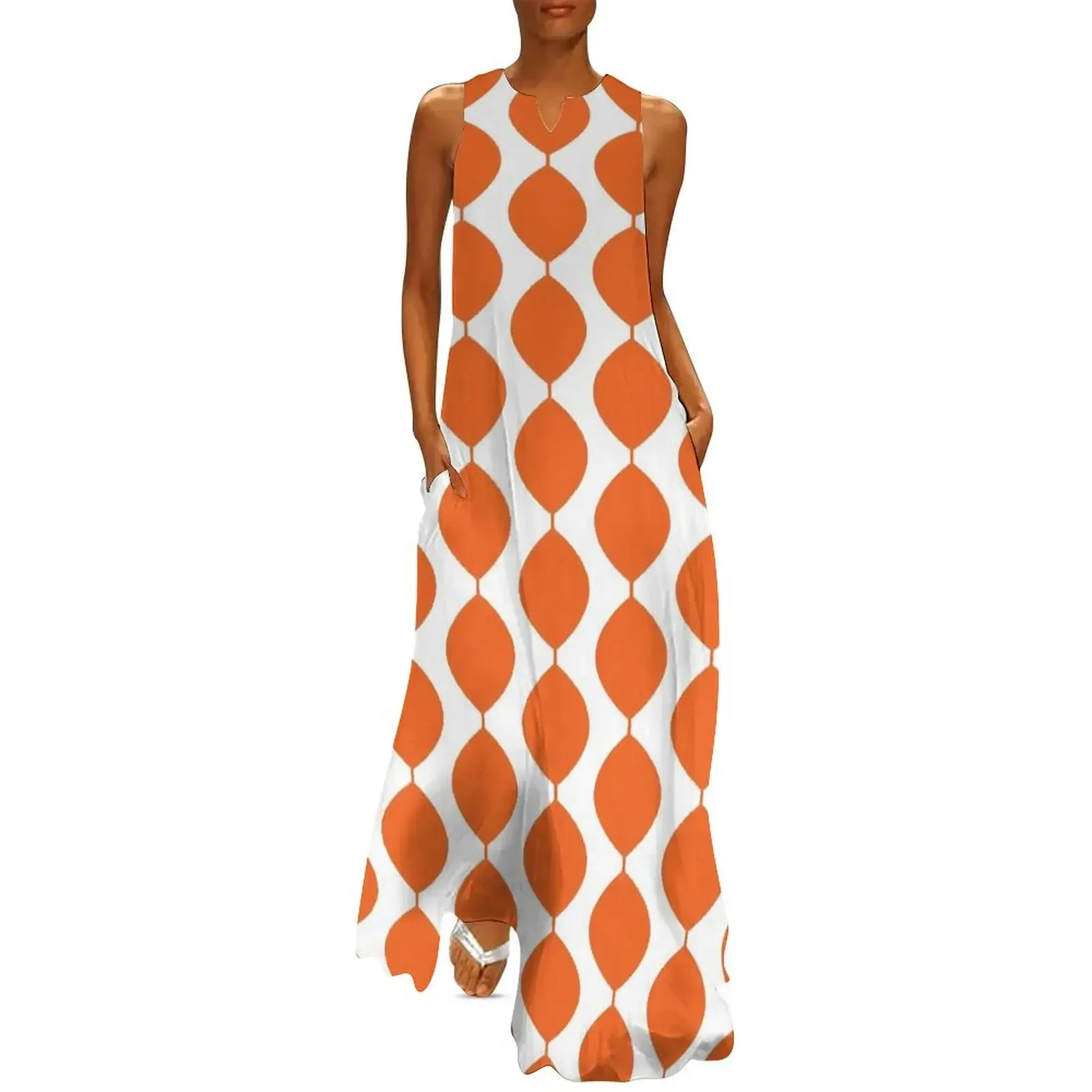 

Mid Century Modern Retro 60s Waves Pattern(Red Orange Pure) Long Dress Woman clothes Casual dresses Dress women Dress