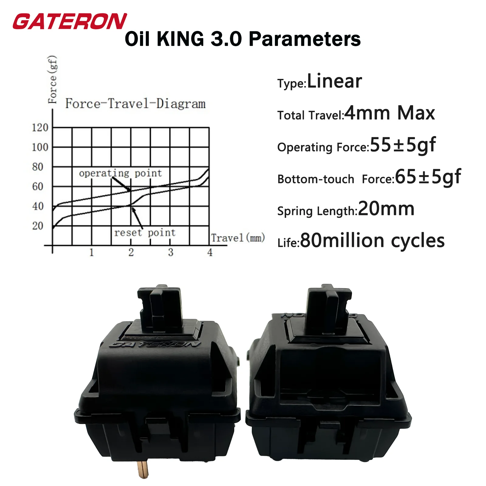 Przełączniki Gateron Oil King 3.0 do klawiatur mechanicznych, 5-pinowe, 55gf, liniowe, wstępnie smarowane, potrójnie wzmocnione przełączniki pinowe