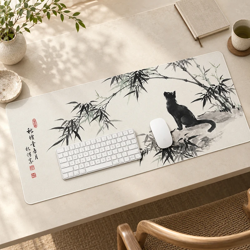Mouse Pad Black Cat Bamboo Ink Painting printon demand Large New Custom Mousepad XXL Mouse Mat Soft Office Carpet Table Mat