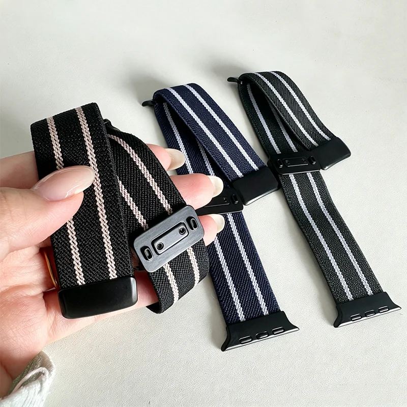 Elastic Striped Nylon Wristband Magnetic Buckle for iWatch 38/40/41/42/44/45/49mm Apple Watch Series11 10 9 Ultra 2 Sport Strap