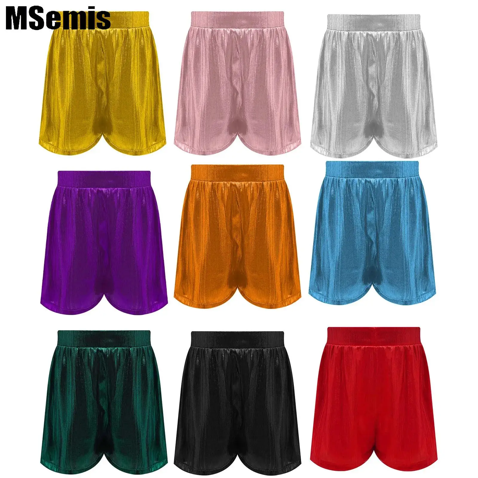 

Kids Girls Metallic Dance Shorts High Waist Elastic Waistband Shorts for Jazz Dance Cheerleading Performance