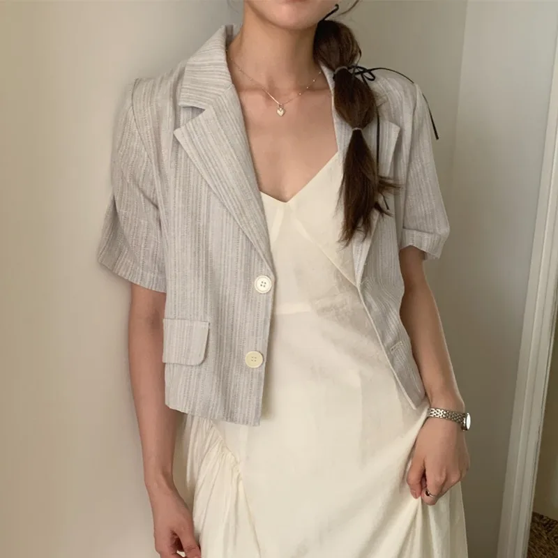 Women’s 2026 Vintage Striped Short Sleeve Cropped Jacket Single Breasted Blazer Suit Coat Stylish Outerwears