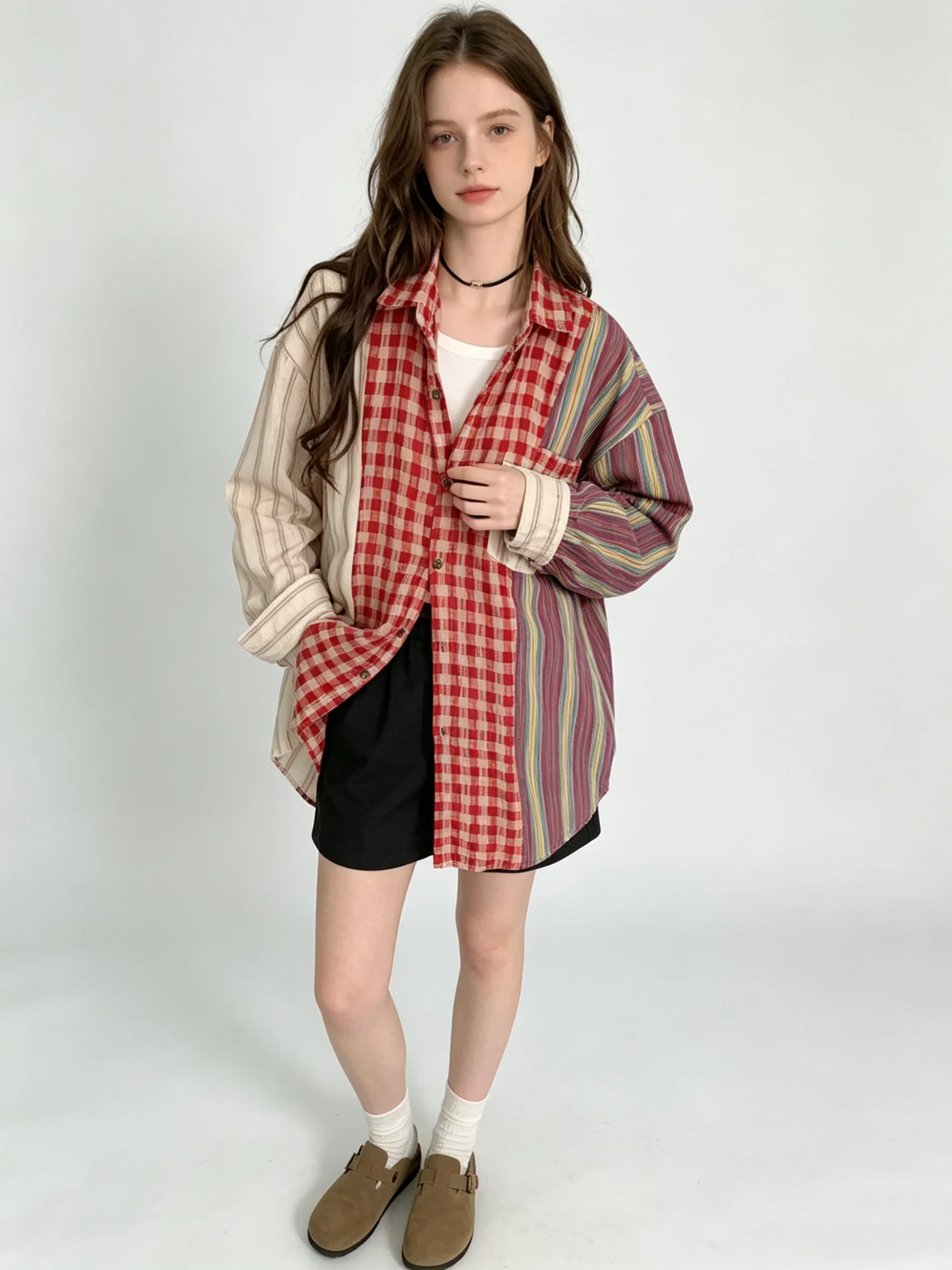 Women\'s Red Plaid Shirts and Blouses 90s Y2k Vintage Korean Harajuku 2000s Elegant Long Sleeve Cute Shirts Clothes Autumn 2024