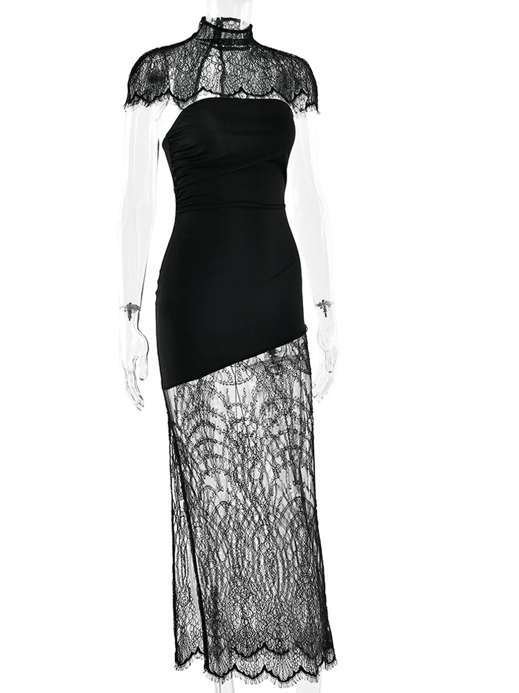 ชุดเดรสยาวสีดำซีทรูผ่าข้างประดับลูกไม้คลุมไหล่แบบโปร่งลายฉลุสไตล์บอดี้คอน