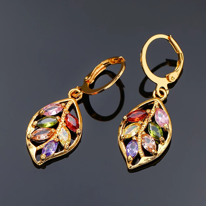 Women\'s Fashion Shiny Colorful Zircon Drop Earrings Multicolor Stone Leaf Rose Gold Color Charming Dangle Earring Wife Jewelry