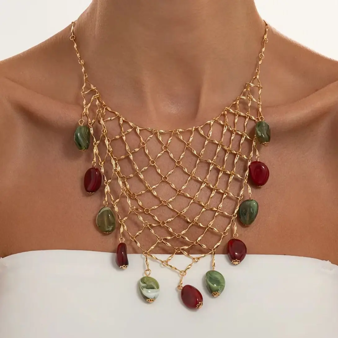 SHIXIN Boho Gold Color Copper Mesh Chain Necklace Women Vintage Charm Colorful Resin Beaded Tassel Clavicle Choker Neck Jewelry