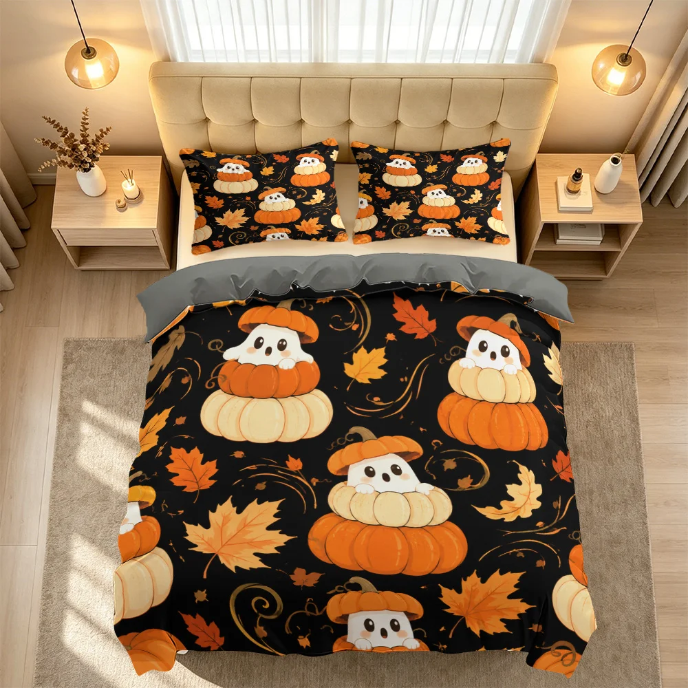 3-Piece Set of Cute Ghost Pumpkin 2D Flat Design Duvet Cover Set, Trendy Soft and Breathable Bedding Set (1 Duvet Cover and 2 Pillowcases), Suitable for All Seasons Home Bedroom Decoration