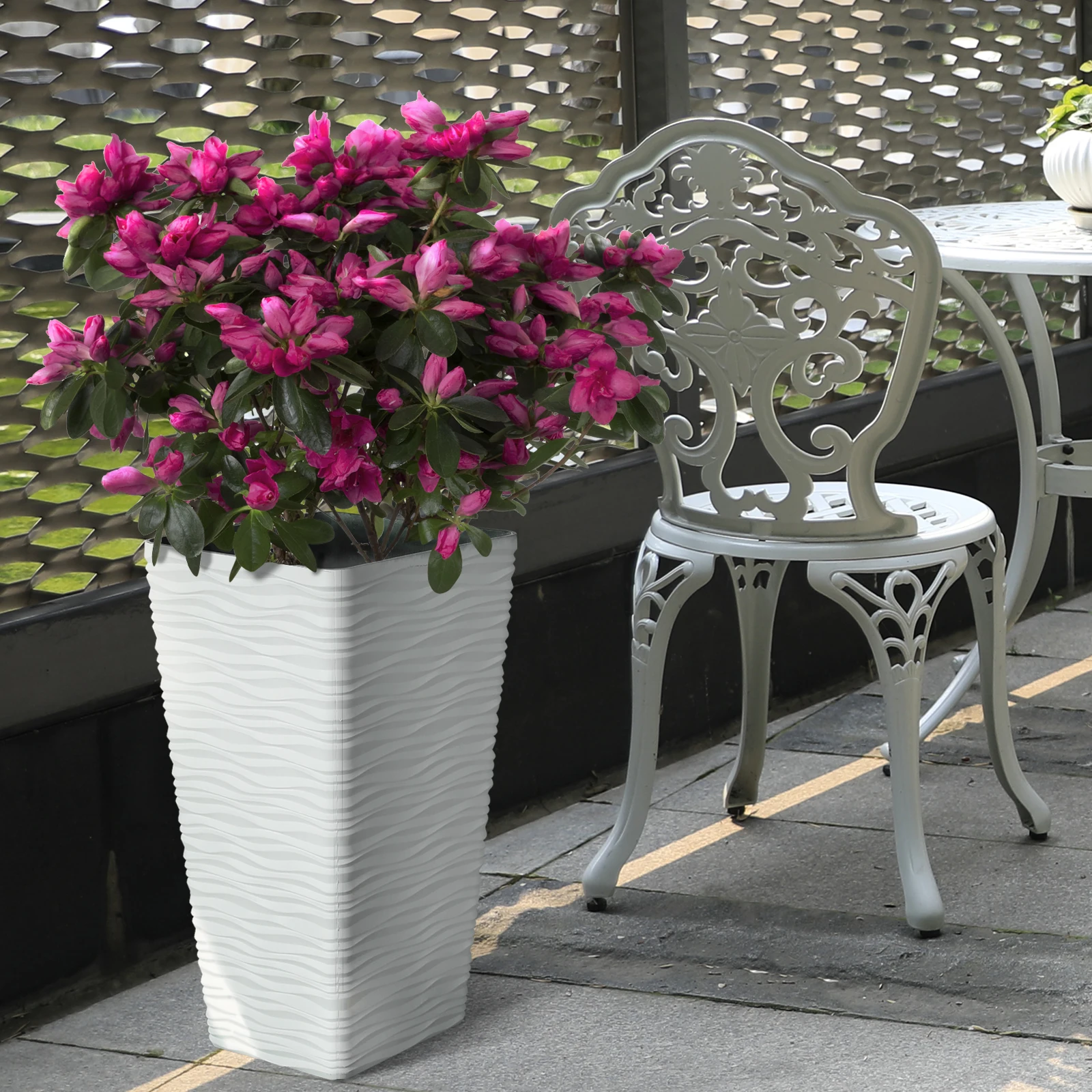 2 Pack 22 Inch White Square Plastic Planter Modern Big Tapered Matte Wavy Tree Flower Pot For Indoor Outdoor Porch Deck